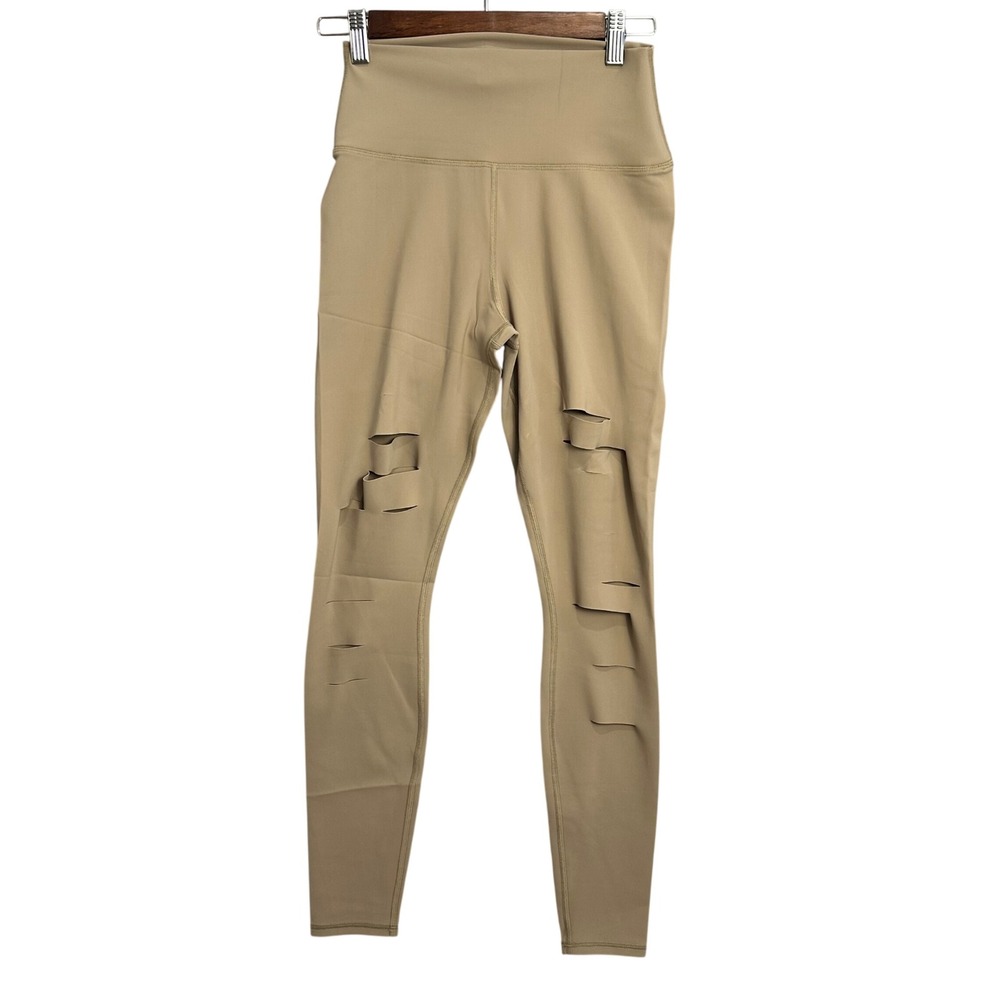 Alo Yoga Ripped Warrior Leggings S Gravel Tan High‎ Waist Laser Cut Athleisure - Picture 2 of 8